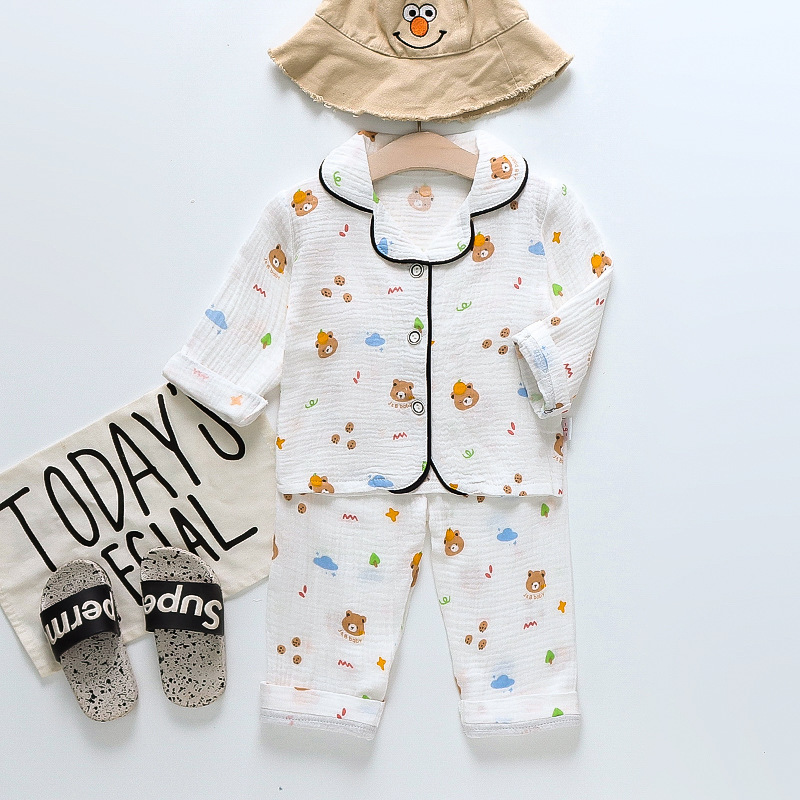 Dropshipping Service for Children's Long-Sleeve Long-Pants Cotton Pajamas with a Turn-Down Collar, Home Wear, Summer Air-Conditioning Clothing Set