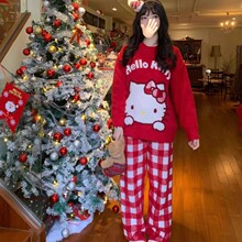 跨境批发红色圣诞条kt猫半边绒睡衣女秋冬季新加厚加绒家居服套装