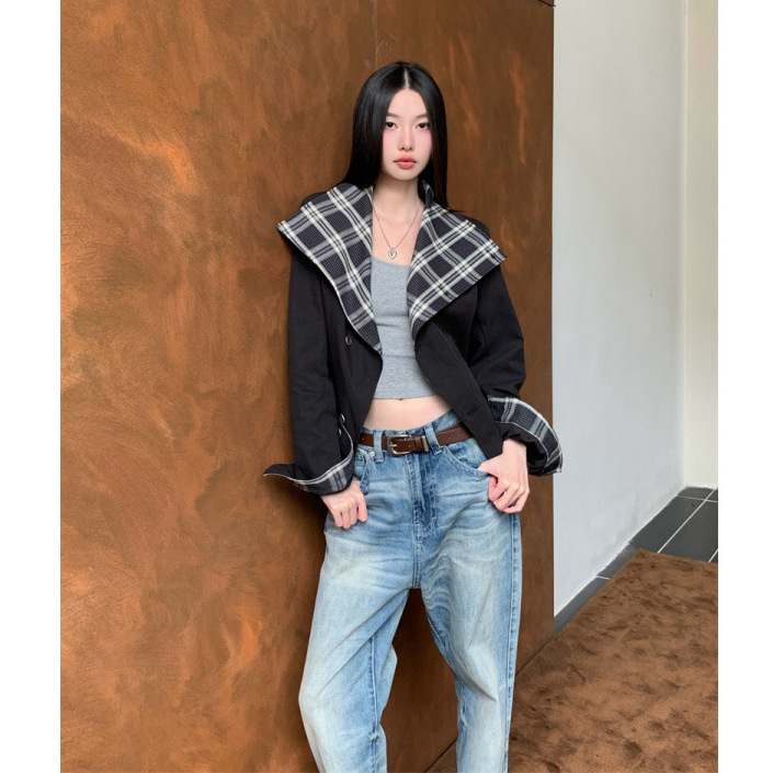Autumn New Style Plaid Stitching Large Lapel Waist Motorcycle Jacket Women's Shoulder Pad Short Jacket Top