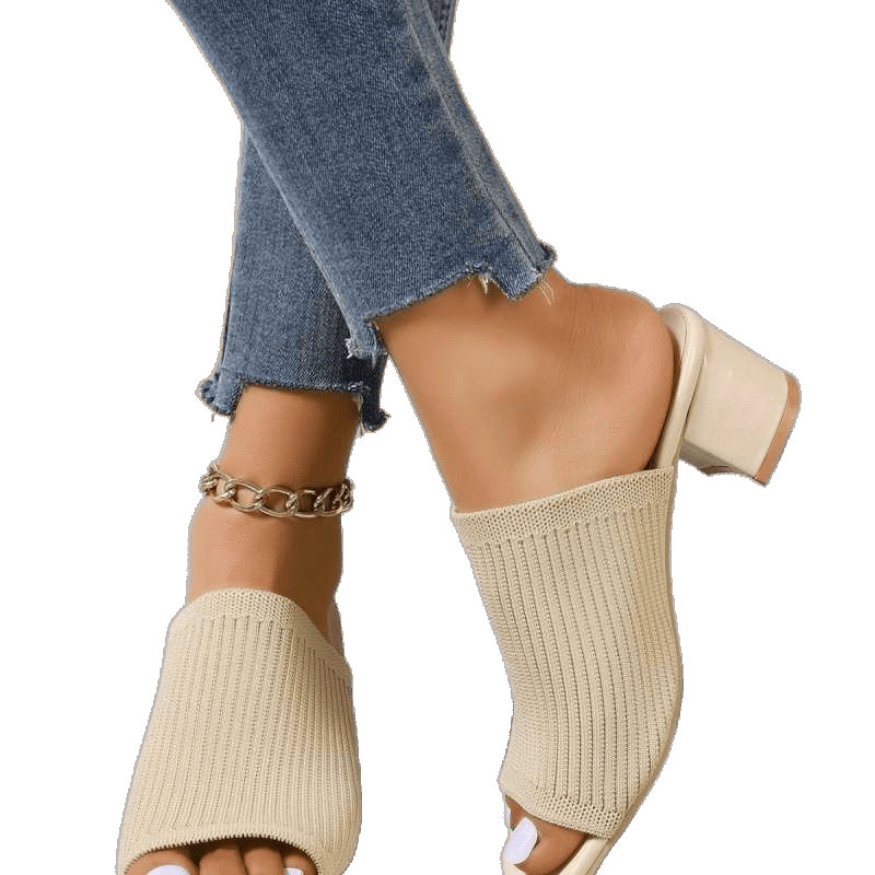 Pantuflas mujeres de punto de verano salen a usar zapatos de mujer de tacón medio grueso de cabeza cuadrada de moda sandalias y pantuflas de todo fósforo