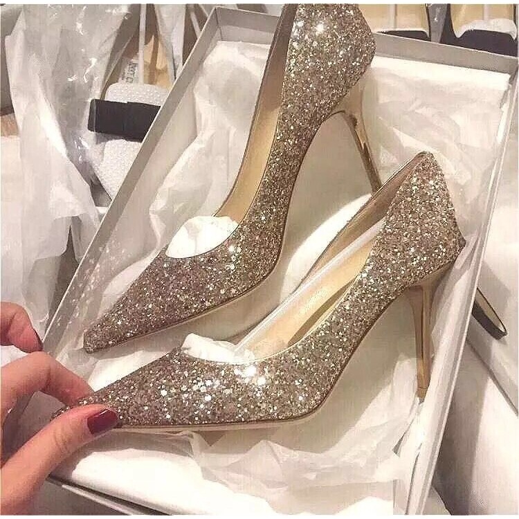 Cross-Border New Fashion Stiletto Women's Shoes, Daily Wedding Dress, Two-Wear Bridal Crystal Wedding Sequined Champagne Color High Heels