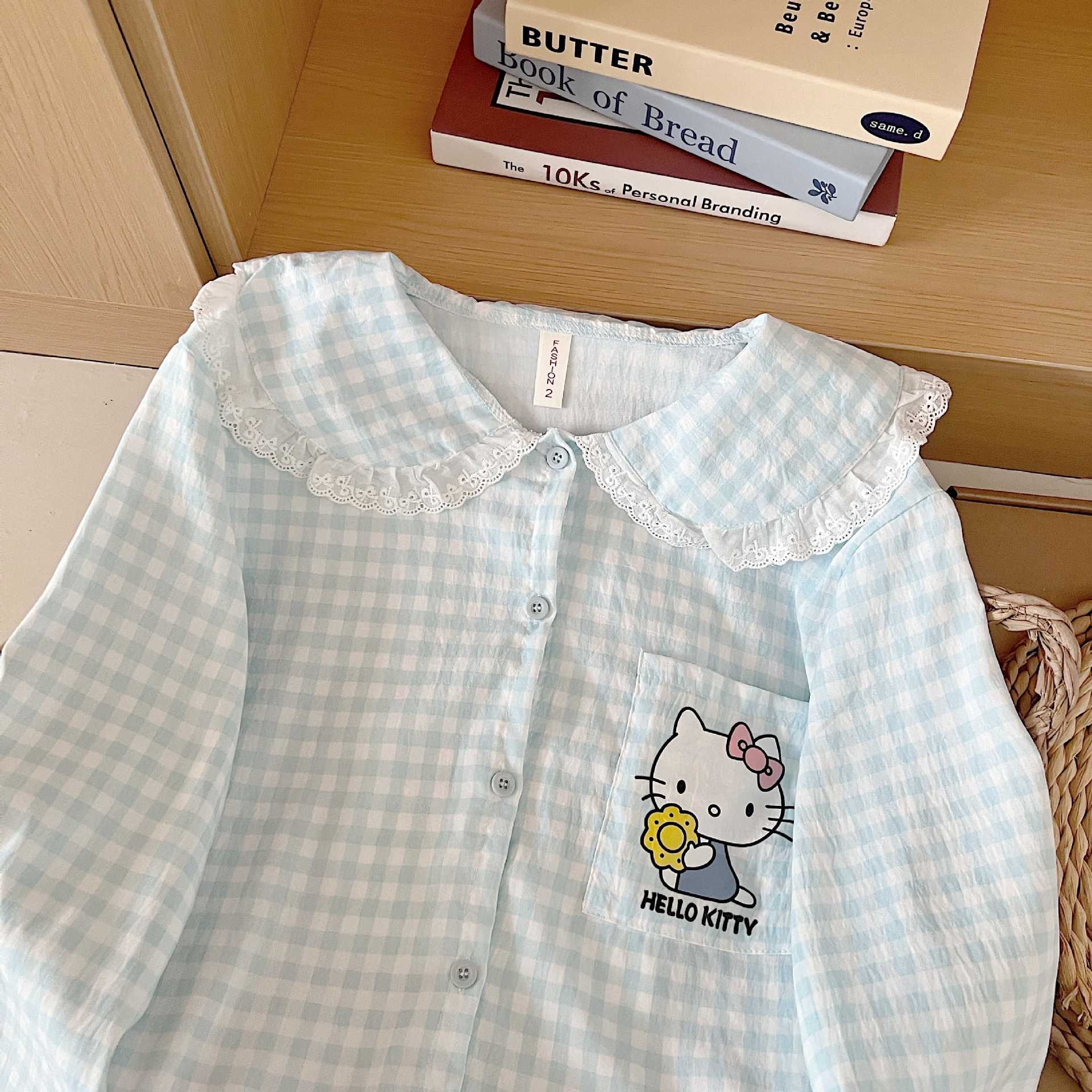 Dolce y lindo encaje de otoño transpirable nuevo algodón nubes pantalones de manga larga camiseta de encaje pijama ropa para el hogar