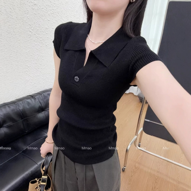 Ice Silk Polo Collar Short-Sleeve Knit T-Shirt for Women, Summer Plus-Size Versatile Top That Flatters and Hides the Belly, Elegant Blouse