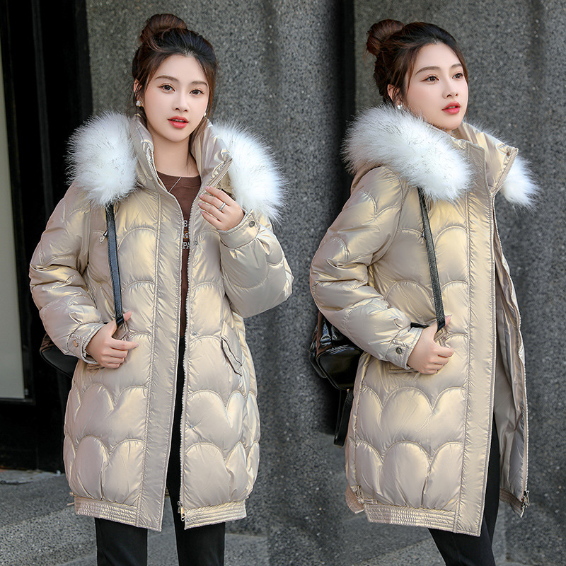 2024 invierno nuevo algodón mujer calentamiento coreano suelto sin lavado cara brillante plumón chaqueta de invierno media larga