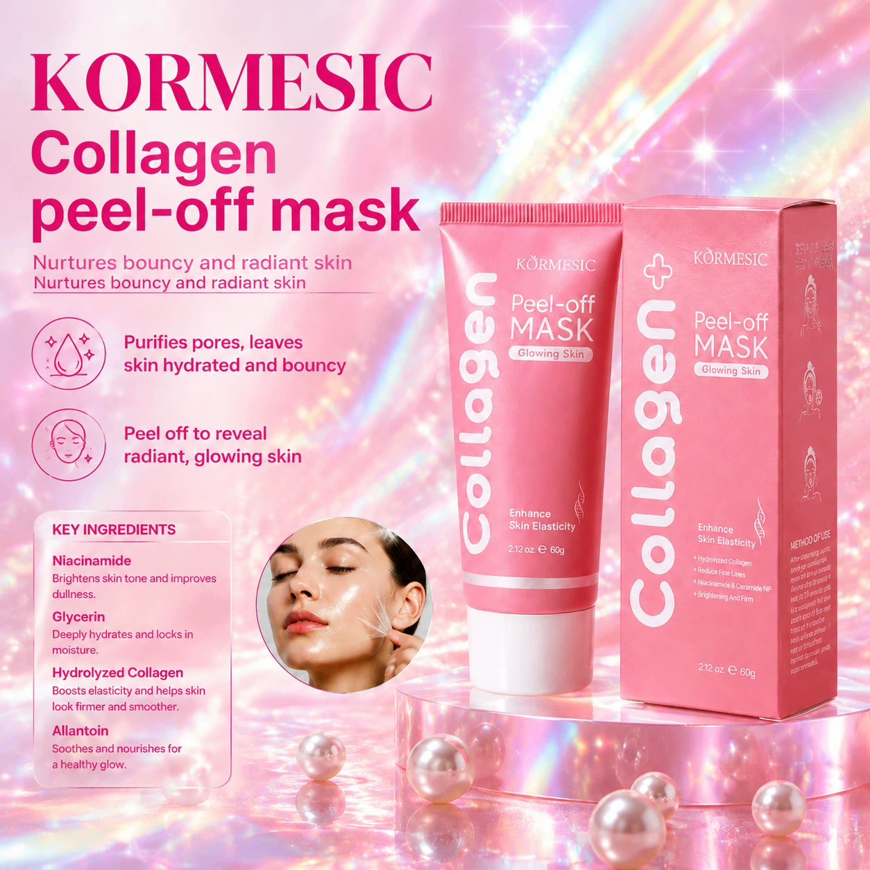 Съемная коллагеновая маска KORMESIC для лица, английская