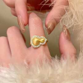 金色拉丝葫芦锆石戒指女款新中式轻奢高级感食指戒古法可调节指环