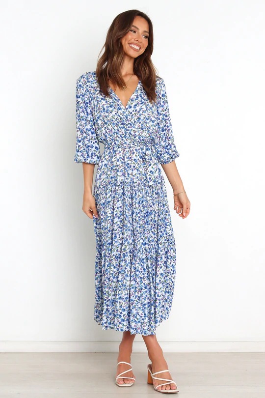 summer blue floral print mid-sleeve V-neck dress  NSCXY120954