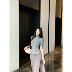 浅灰色高领短袖正肩T恤女春秋紧身修身内搭打底辣妹收腰显瘦上衣