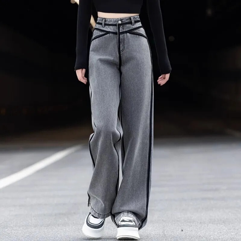 Jeans with Patchwork Design, Autumn and Winter Loose Straight-Leg High-Waisted Slimming New Style Color-Block Pants, Floor-Length Pants with Fleece Lining and Thickened