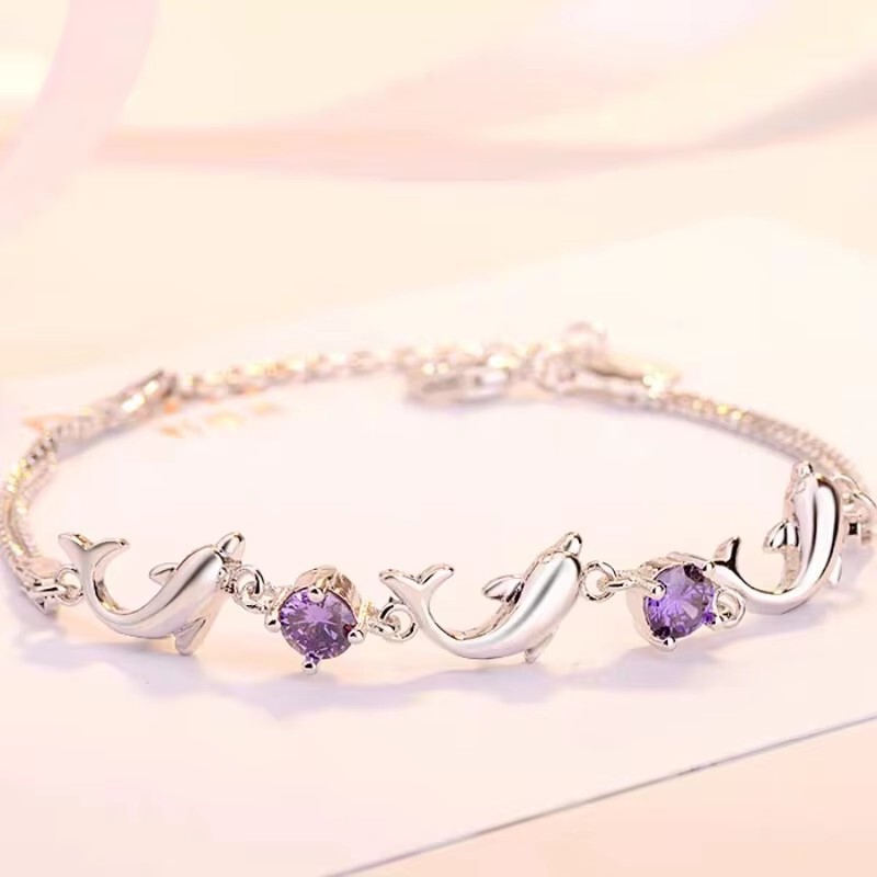 925 Sterling Silver Bracelet with a Simple and Cute Dolphin Amethyst Design, Short Style Silver Jewelry for Women