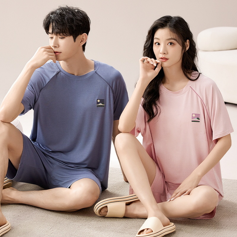 Con almohadilla para el pecho 2024 pijamas de verano pareja modal manga corta conjunto de dos piezas primavera y verano color sólido hombres homewear suave