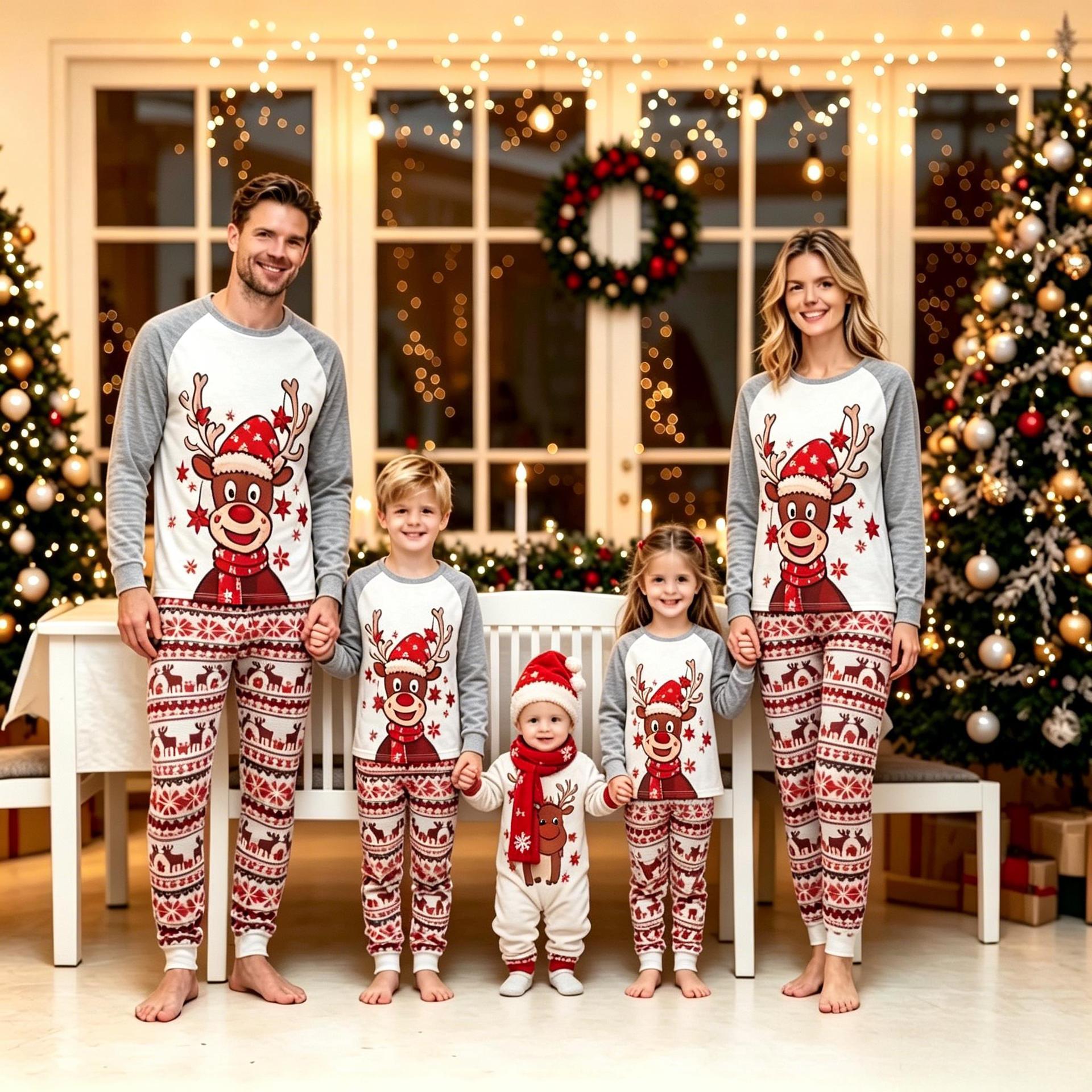 New Christmas parent-child pajama set, custom-made from custom images, European and American style, full-body 3D printed long-sleeved pants, home wear.