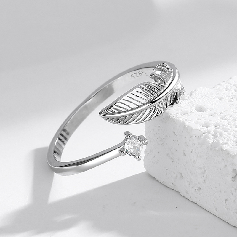 925 Sterling Silver Material Feather Pattern 925 Sterling Silver Feather Adjustable Ring