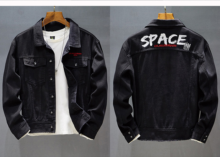 Men's Denim Jacket Solid Colour Stylish Spring Outerwear Black_voghion.com