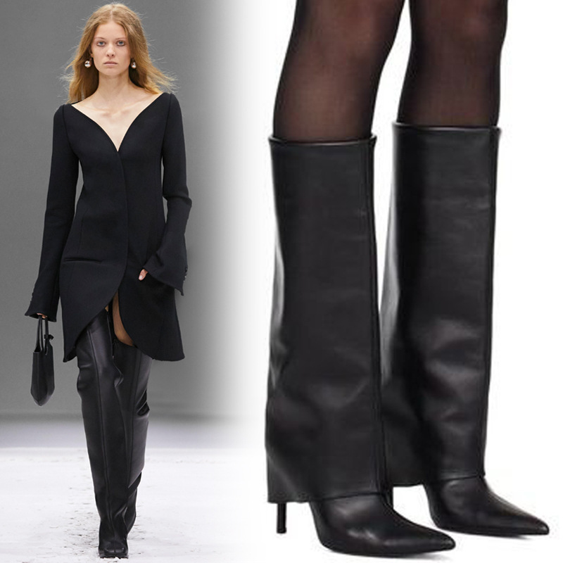 New Fried Street Spice Girl Pointed Heightened But Knee Slimming Thin High-heeled Pants Boots plus size Sleeve Women's Knee-high Boots