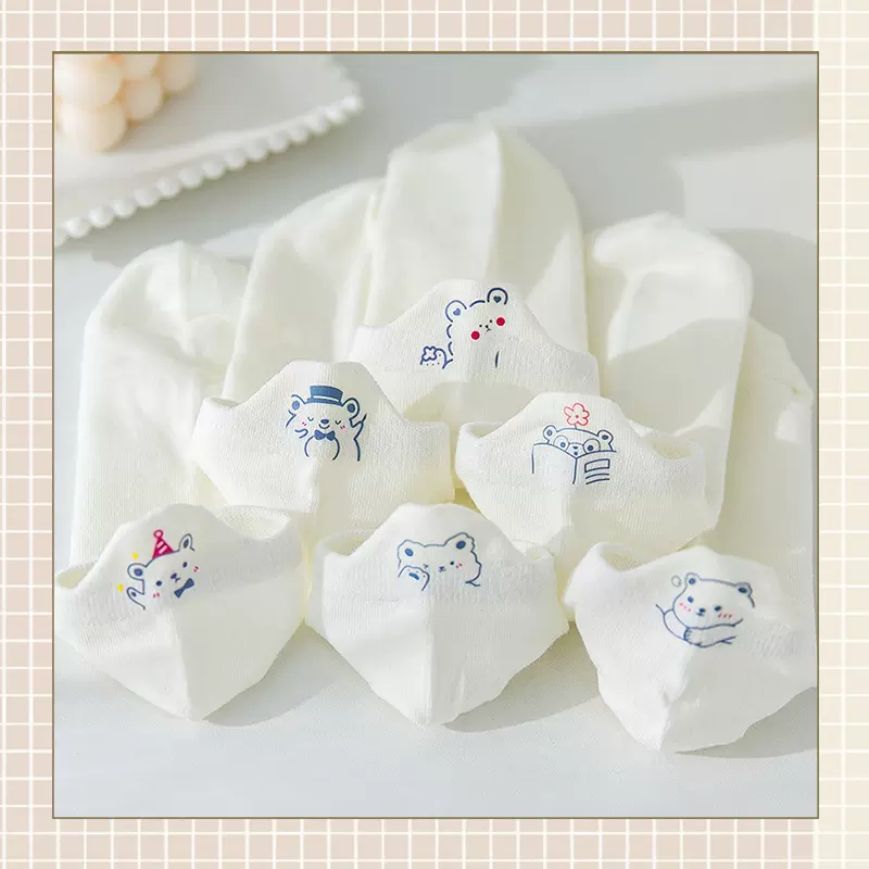 白色小熊袜子女短袜夏季薄款韩国可爱低帮浅口船袜纯棉底夏天短筒