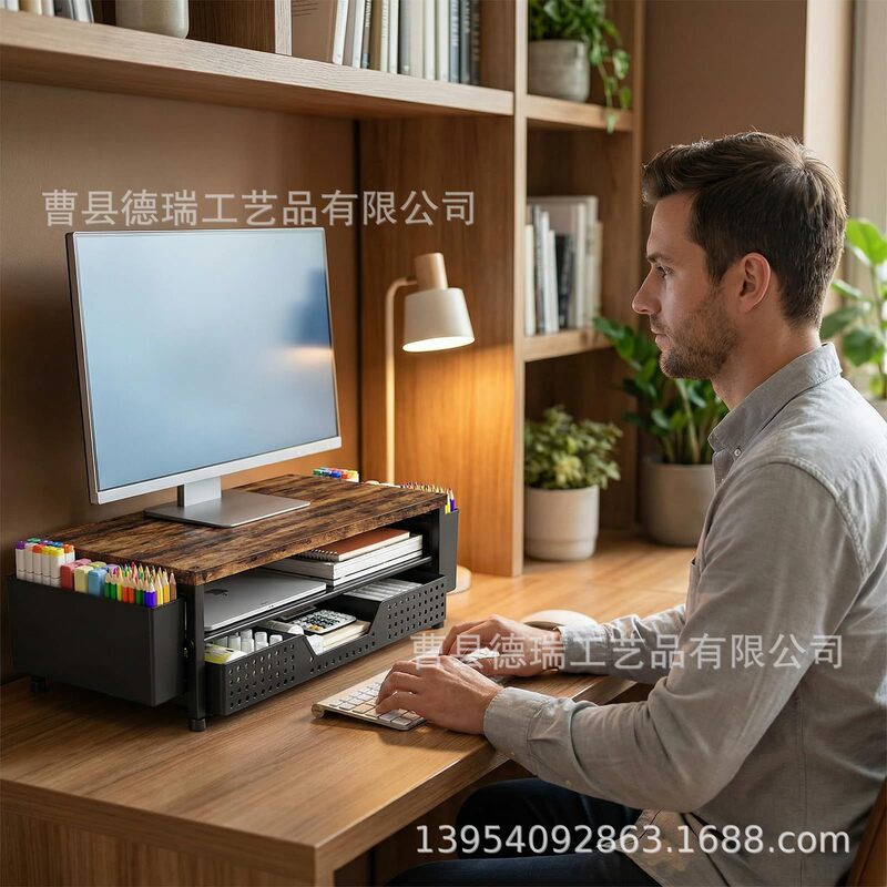 Wooden Desk Organizer Computer Monitor Stand with Storage Drawer Pen Holder Laptop Stand Wooden Desk Organizer Computer Monitor Stand with Storage Drawer Pen Holder Laptop Stand