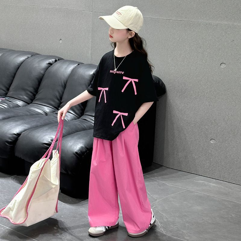 Girls' Summer Short-sleeved T-shirt Wide-leg Pants Two-piece Set 2025 New Big Boy Korean Loose Top Pants suit
