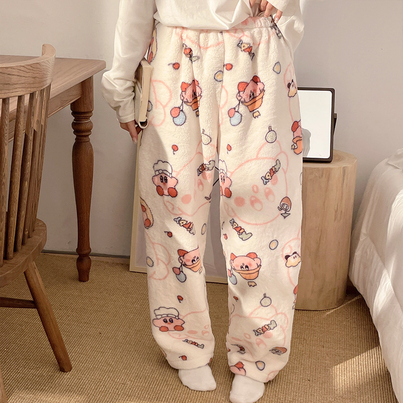 Pantalones de pijama de franela de dibujos animados de otoño y invierno para mujeres con pantalones de lana de coral caliente para estudiantes de lana de invierno para el hogar