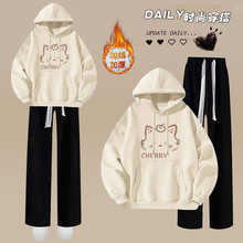 跨境外贸2025秋冬新款加绒加厚套装学生休闲连帽卫衣少女两件套装