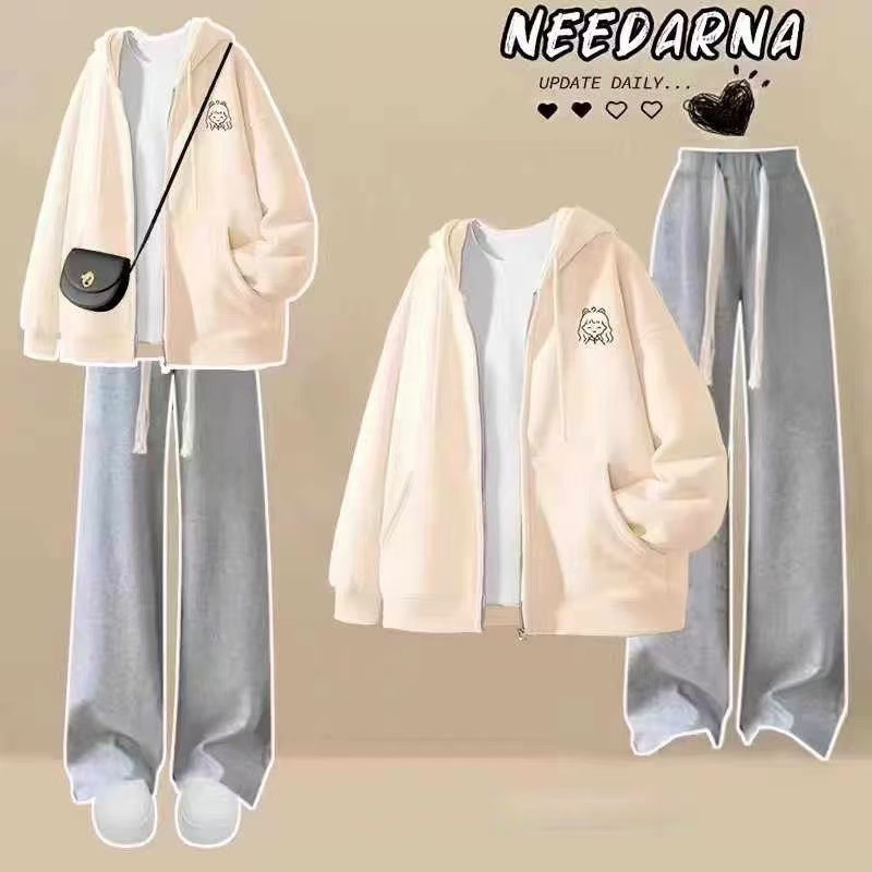 Spring and Autumn Women's Suit Jacket New Korean Style Heavyweight Thick Loose Cardigan Hooded Sweatshirt Casual Two-Piece Set