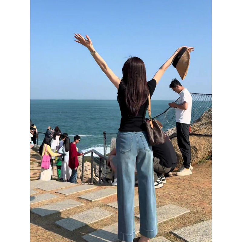 薄い色のまっすぐな筒の9分のジーパンの女性の夏の薄い金の年の新型のゆったりしている小さい背の狭い版の広い足のズボン|undefined