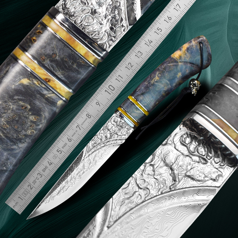高硬度户外大马士革钢直刀野外随身多功能锋利水果刀文玩收藏刀具