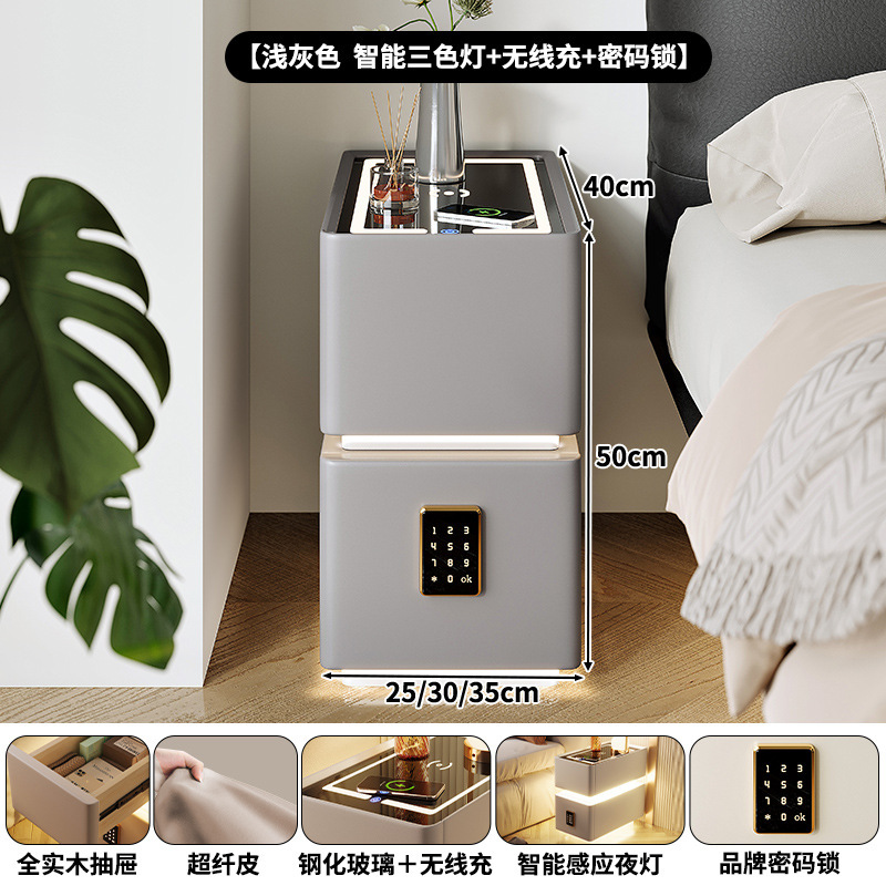 Mesita de noche inteligente, pequeña lámpara de banda ultra estrecha, cargador inalámbrico, gabinete de almacenamiento de dormitorio doméstico, gabinete estrecho con borde de cama de apartamento pequeño