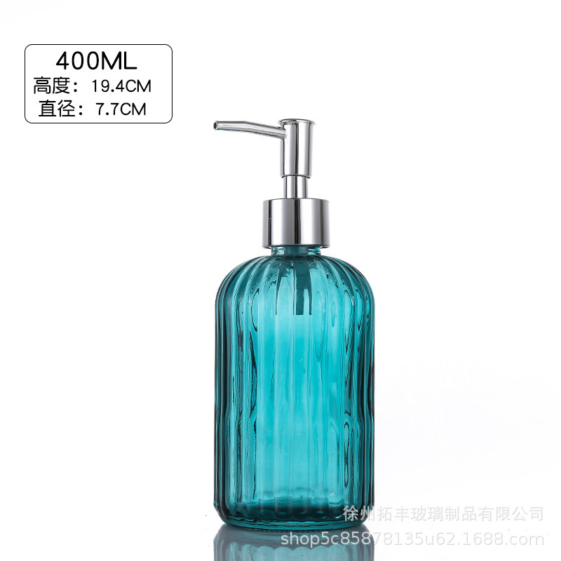400ml; botella azul del pavón + cabeza de bomba plateada; vidrio