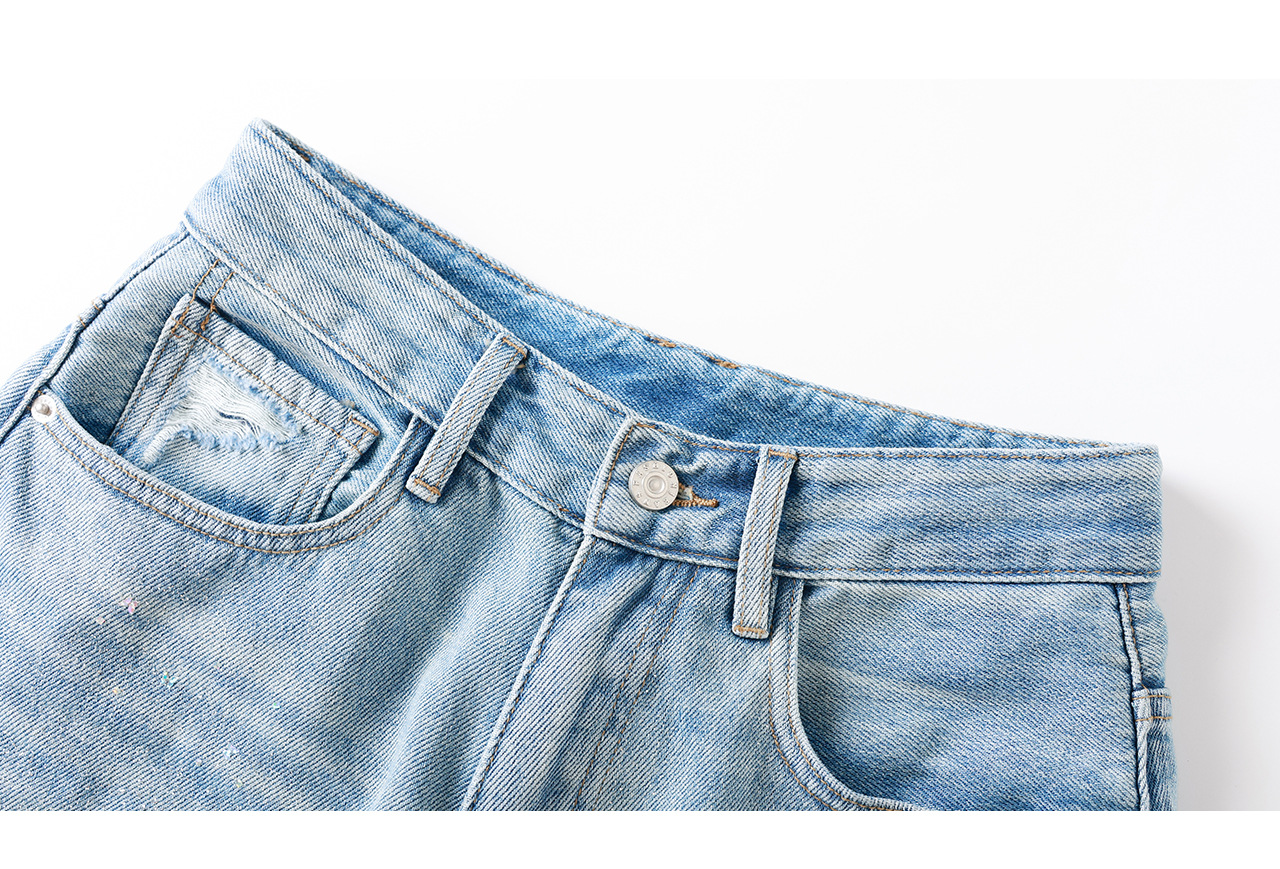 Quần jean nữ ống rộng cạp cao chất cotton mài trắng phối sequin bướm — xanh lam chi tiết 24