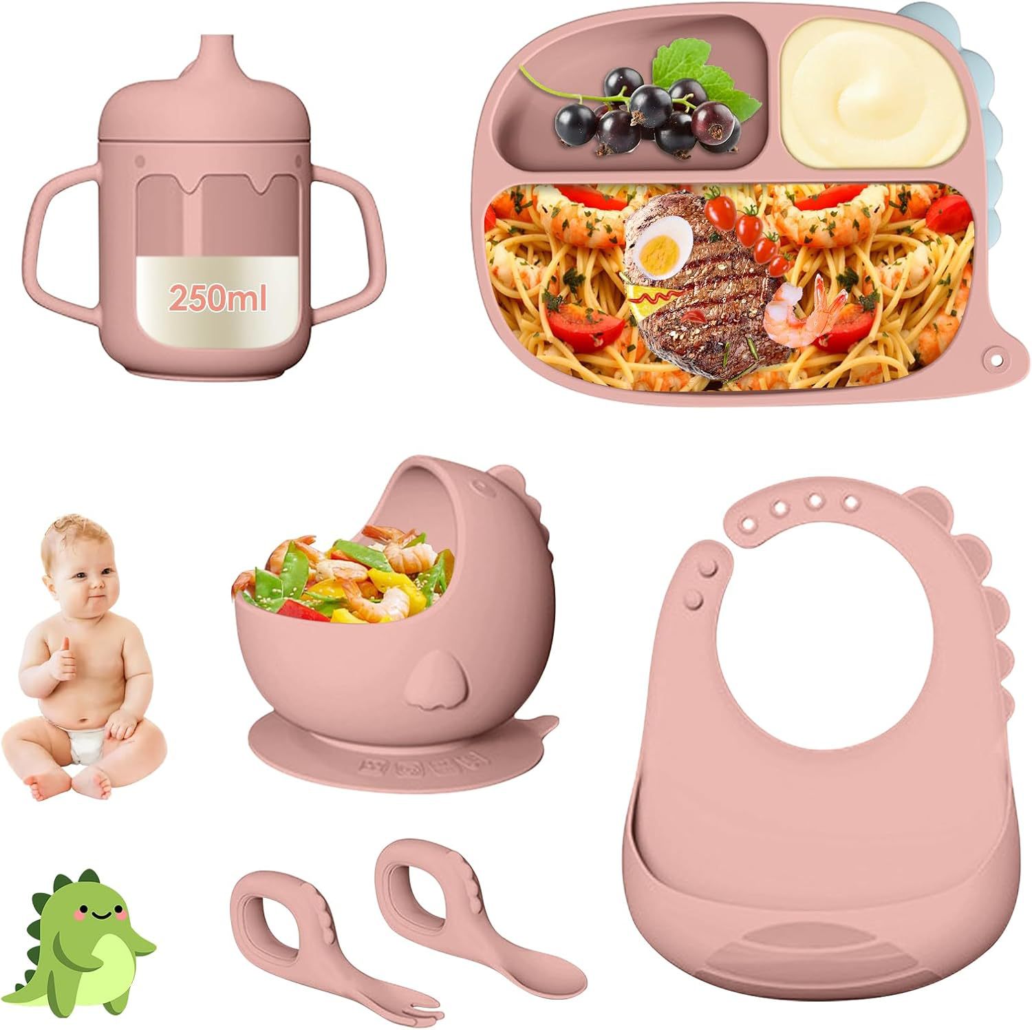 Cuchara de bebé de venta caliente transfronteriza, vajilla para bebés y niños, cuchara de alimentos, tazón de alimentos, juego de vajilla de silicona de dinosaurio de dibujos animados