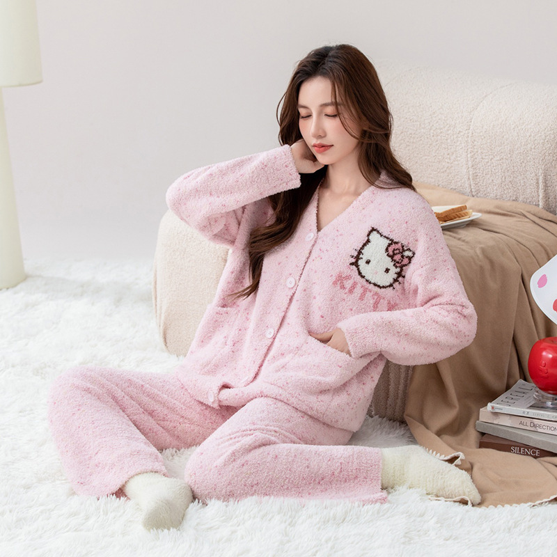 新款半边绒V领开衫睡衣女加绒加厚甜美可爱保暖长袖家居服可外穿|undefined
