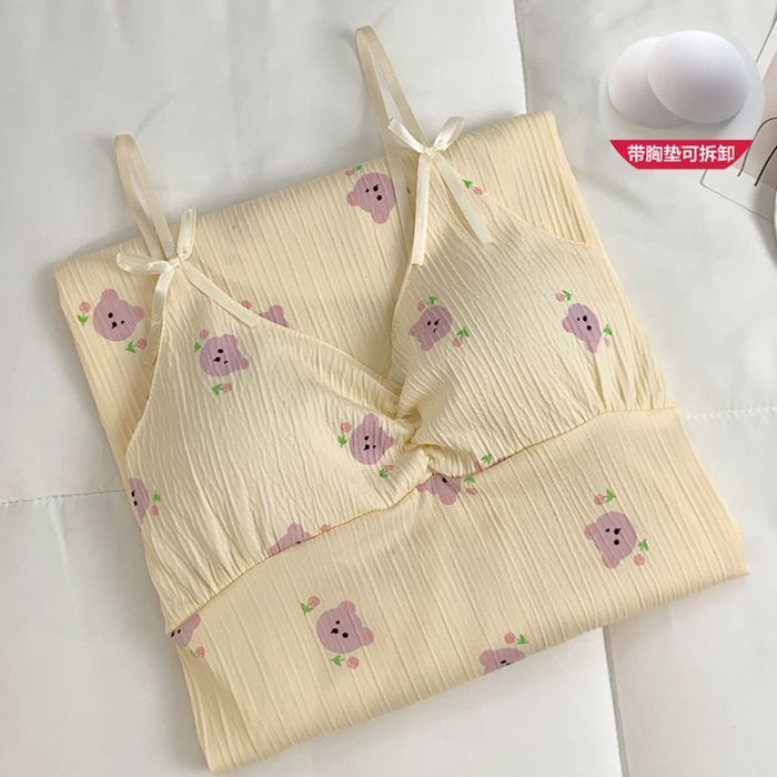 Venta al por mayor transfronteriza de tela arrugada de algodón de imitación de verano con almohadilla para el pecho, camisón, camisón, servicio a domicilio, pijamas de mujer, impresión fresca de comercio exterior