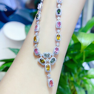 New natural tourmaline necklace S925 silver inlaid main stone 3*5mm Joker net red explosions women's jewelry wholesale