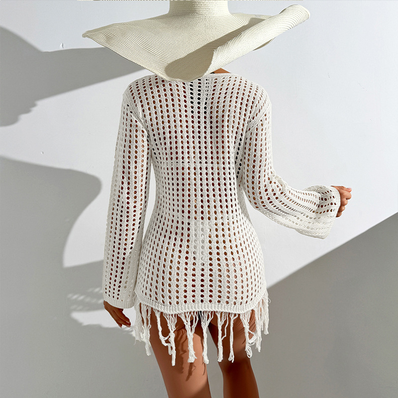 Blusa de playa de Amazon, falda de punto hueca, manga larga, protector solar todo fósforo, vestido de borla de color sólido, perspectiva, simplicidad