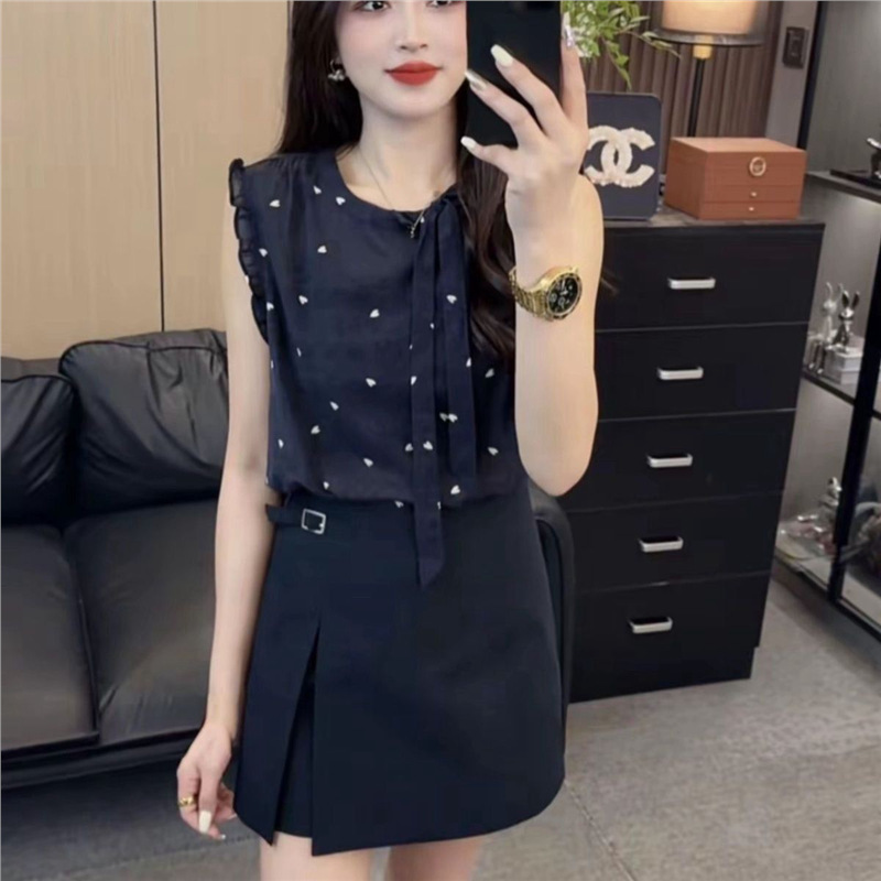 Summer Ultra-Thin Bow Fashion Slim Shirt Heart Print Flying Sleeves Sleeveless Fashionable Top for Women