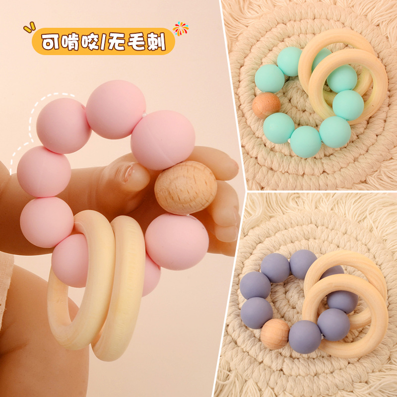 Bolso de nuevo estilo, pulsera de mordedor de madera de haya, juguete de mordisco de silicona para bebé, juguete de comercio exterior de Amazon AliExpress