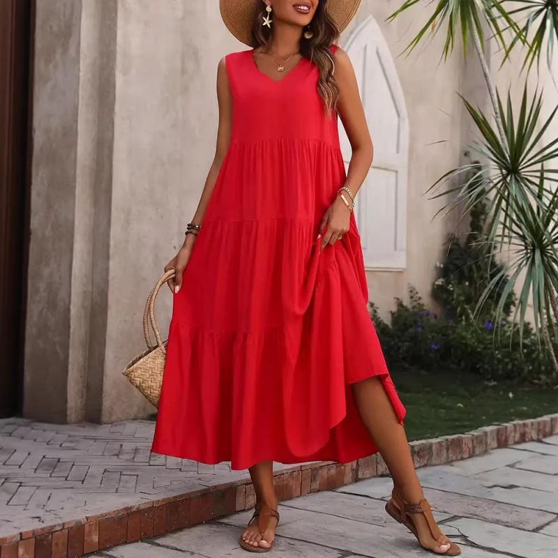Women's Dress Temu Hot-Selling Cake Dress Elegant Holiday Solid Color V-Neck Layered Splicing Hem Loose Dress Women's Dress Temu Hot-Selling Cake Dress Elegant Holiday Solid Color V-Neck Layered Splicing Hem Loose Dress