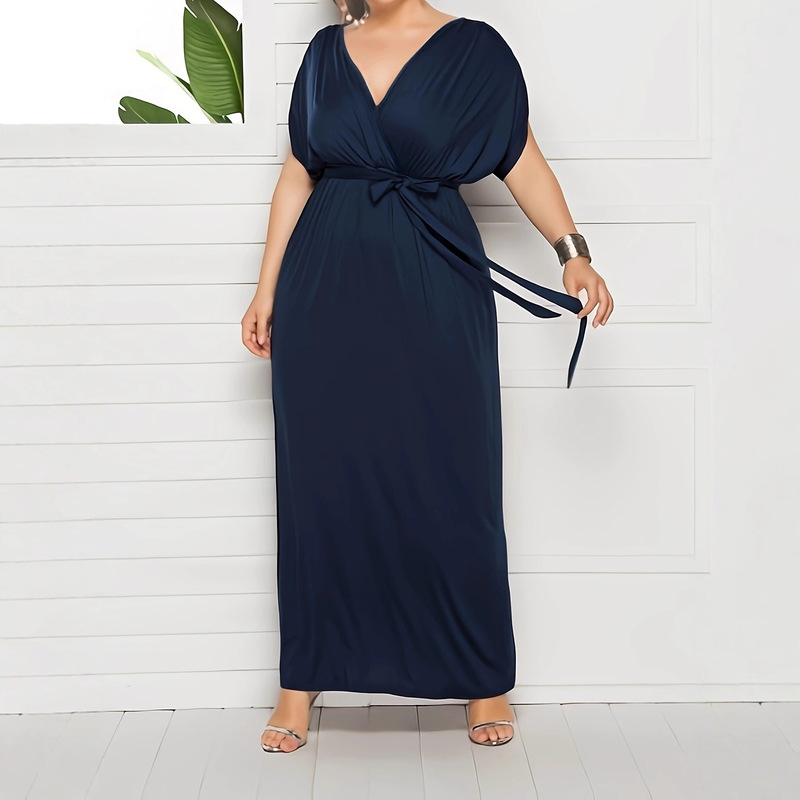 2025 Foreign Trade Plus-Size Women's Evening Dress Sexy Solid Color V-Neck Loose Large Hem Banquet Dress