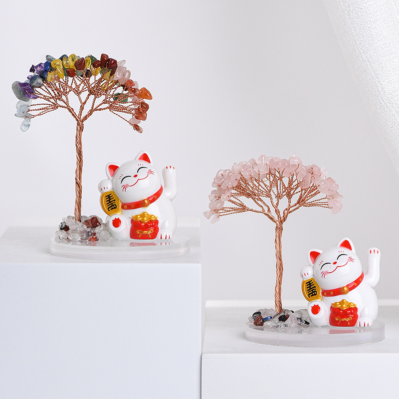 Wholesale Natural Yellow Crystal Tree with White Cat God of Wealth Pink Crystal Money Tree, Money Tree Office Decorations