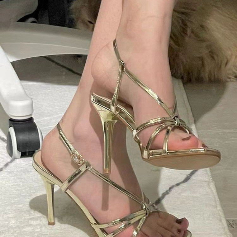 Metallic Gold Cross-Strap Thin-Heeled High-Heeled Sandals, Open-Toe Ankle Strap Buckle High Heels Metallic Gold Cross-Strap Thin-Heeled High-Heeled Sandals, Open-Toe Ankle Strap Buckle High Heels