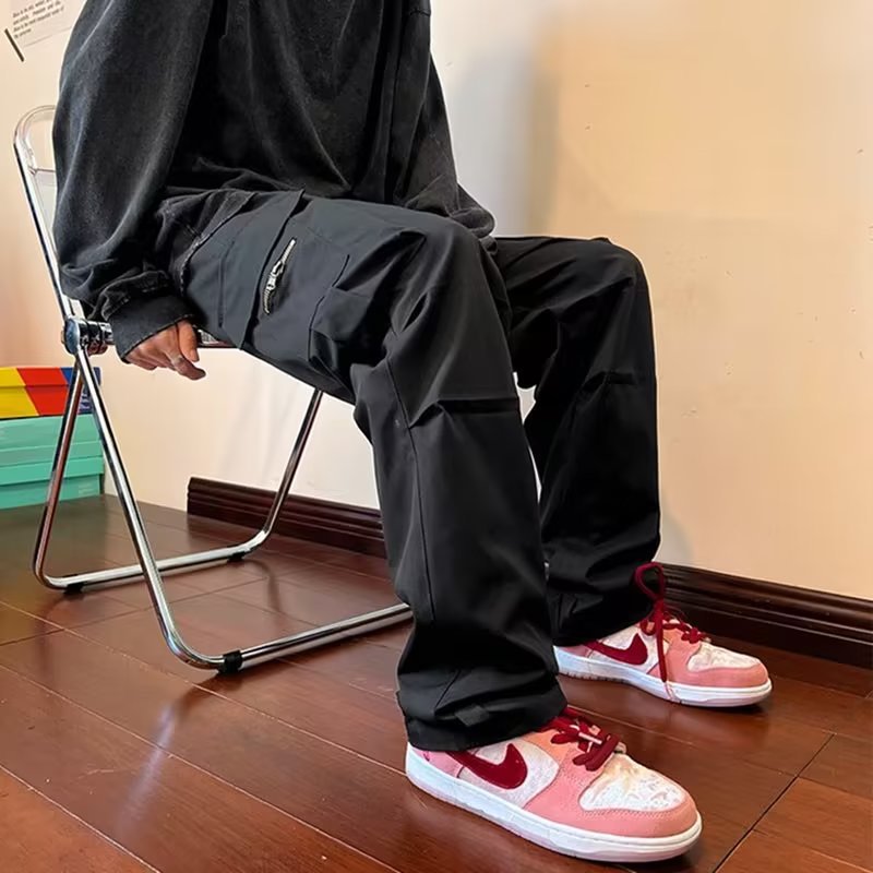 Multi-bolsillo de los guardapolvos de primavera y otoño de los hombres sueltos Pantalones rectos casuales de alta calle de la marca de moda americana pantalones funcionales