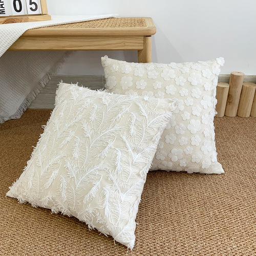 French light luxury three-dimensional lace embroidered pillow ins cotton and linen embossed butterfly feather girl heart sofa cushion