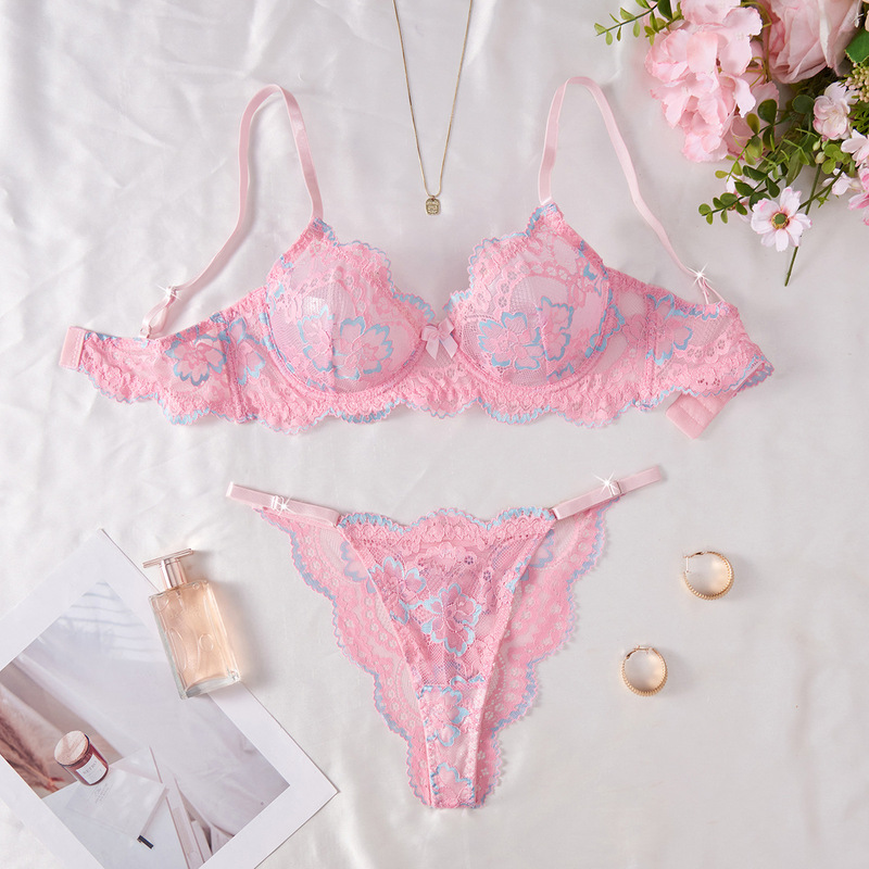 Cross-Border European and American Sexy Underwear Pink Lace Printed Bra Sweet Pure Desire Thong Sexy Underwear Set for Women