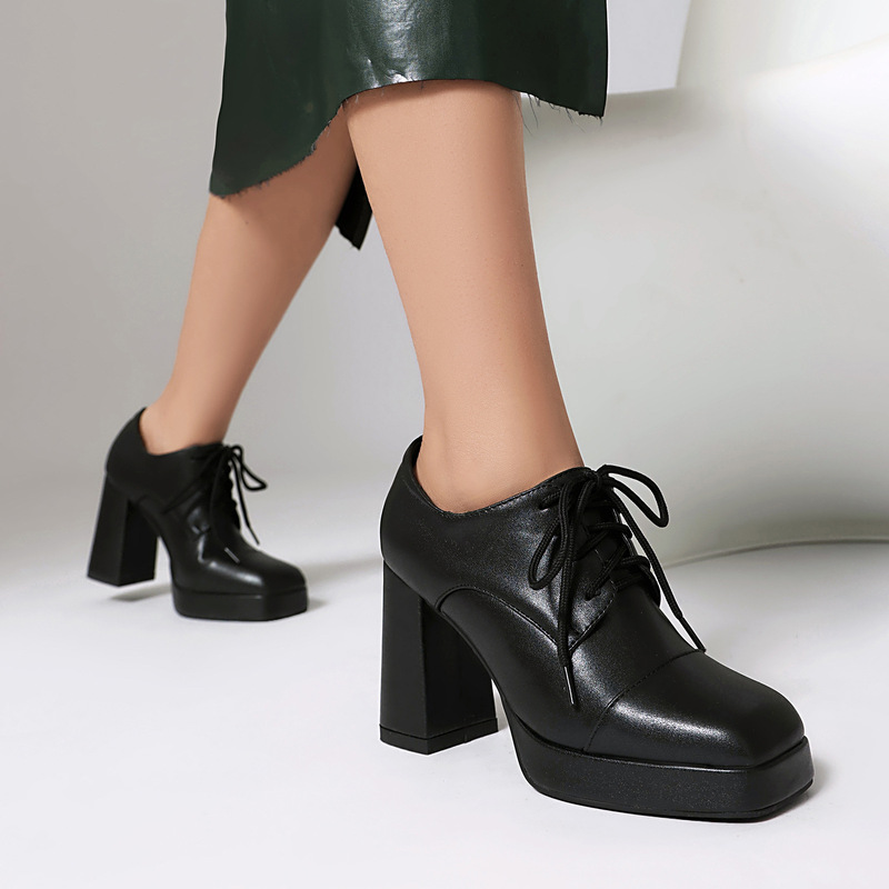 Cross-Border High-Heeled Leather Shoes with Square Toe, Lace-Up, Waterproof Platform, British Style Women's Small Leather Shoes, Foreign Trade, Extra Large Sizes 34-48