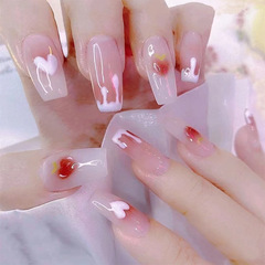 Summer cute sweet style detachable ice-transparent heart strawberry medium-long nail wear nail piece finished product wholesale