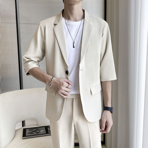 Summer men's seven-sleeve suit set, elegant coat, thin casual blazer, versatile nine-point pants for men