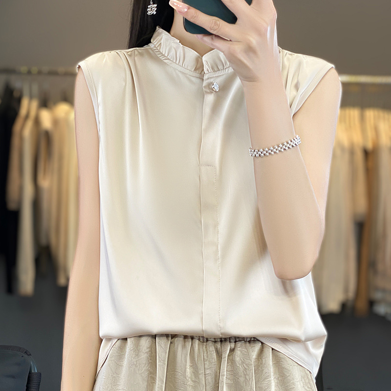 Sleeveless Shirt Vest Women's Silky Satin Stacked Shirt Summer New Style Top Fungus Lace T-Shirt Summer