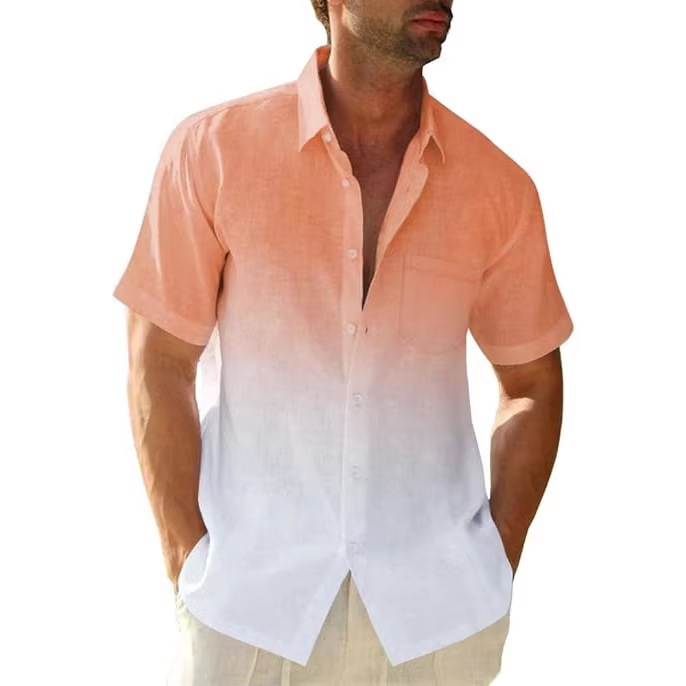 Men's Clothing Men's Gradient Short Sleeve Shirt Summer Casual Breathable Top Cotton Linen Texture For Formal & Casual_viptrois.com