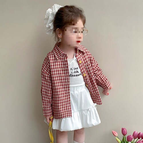 Children's Shirt Spring and Autumn New 2026 Korean Version Trendy Baby Girl Cartoon Print Casual Grid Shirt Jacket